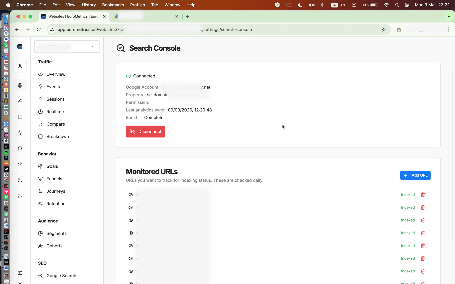 Настройки Search Console и отслеживаемые URL