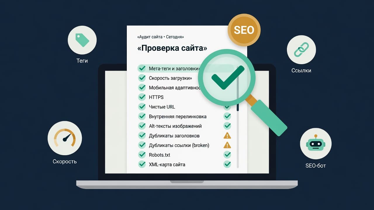 Чек-лист SEO-проверки сайта: отчёт с отметками на экране ноутбука